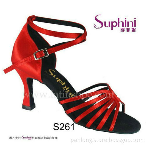 Suphini Ladies Red Satin Black Leather Sole Dance Latin Shoes Wholesale
